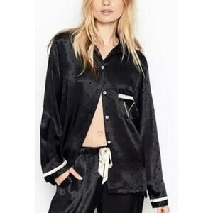 Victoria's Secret black satin pajama top tonal polka dots, size medium, NWT